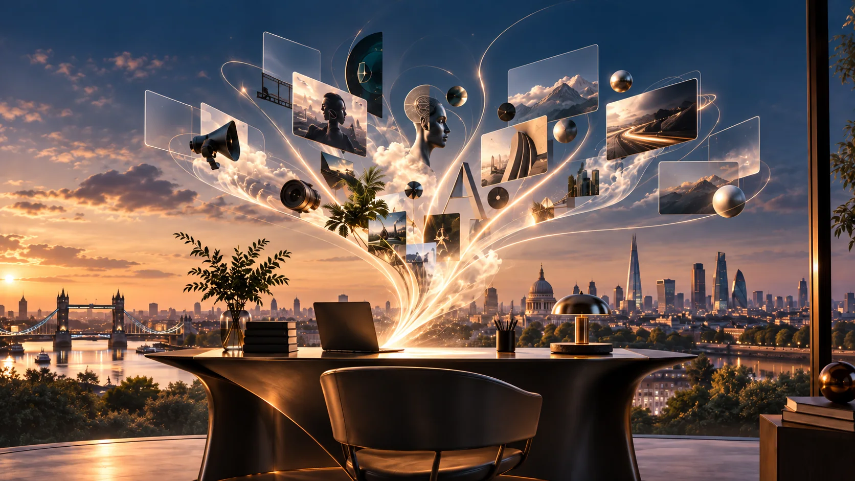 A desk overlooking the London skyline at dusk, with images, a camera and a megaphone rising out of an open laptop